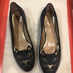 Grey suede Charlotte Olympia kitty ballet flats
